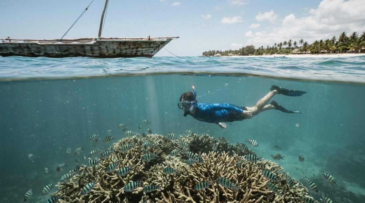 Snorkeler above branching coral and a school of sergeant major fish while snorkeling in Zanzibar at Mnemba Atoll